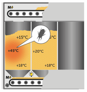 A source of grain infestation by insects at a particular location, characterized by elevated grain temperature at that point